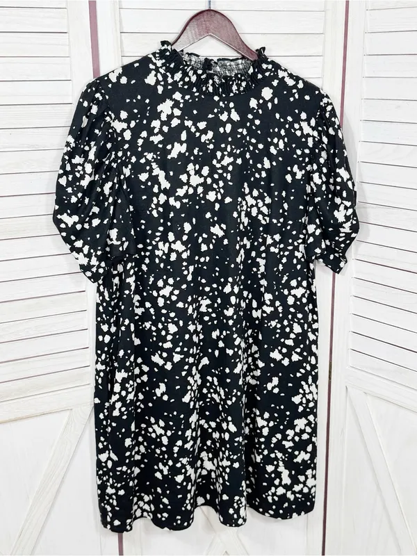 Who What Wear Linen Puff Sleeve Spotted Mini Shift Dress Black White Large - Image 8