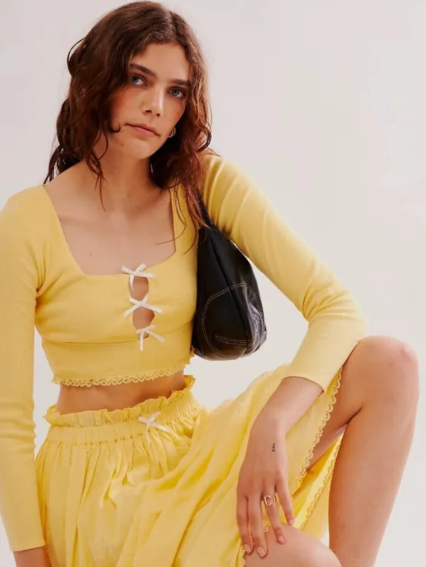 Free People Mellow Yellow Cropped Dancing Queen Bow Cutout Top - Size - Large - Image 2