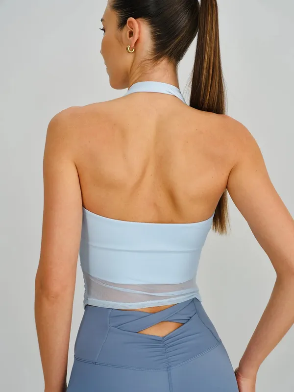 Berlook Activewear Light Blue Halter Neck Ruched Mesh Sports Bra - Image 2