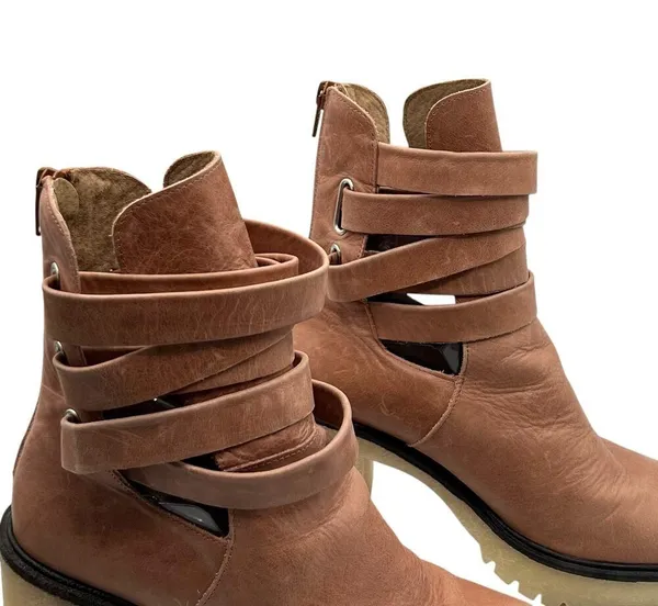 Free People US 9 EU 39 Jesse Cutout Strappy Platform Boots Brown Tan Heeled Boho - Image 3