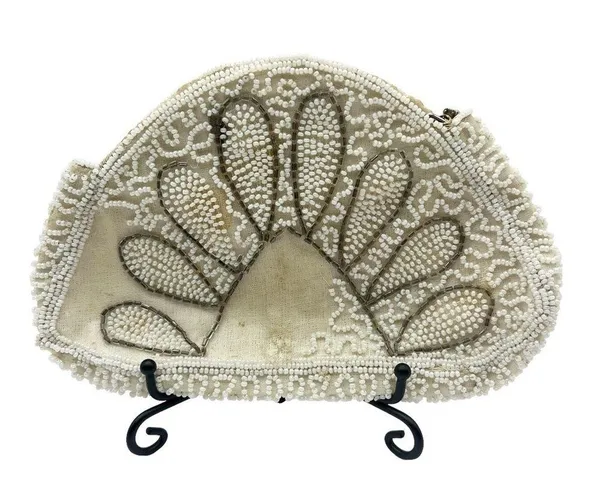 Vintage Hand Beaded Art Deco Clutch Wristlet Half Moon Shell Shape Ivory Bell - Image 2