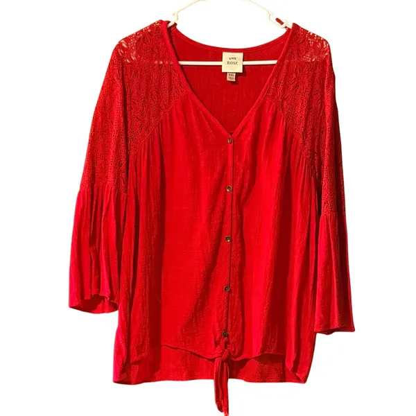 Knox Rose‎ Womens XXL Red Lace Bell Sleeve Tie Front Button Down Boho Blouse - Image 2