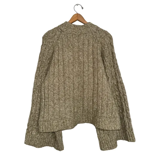 Free People Snow Bird Cable Knit Bell Sleeve Mock Neck Sweater Olive Green Large - Image 6