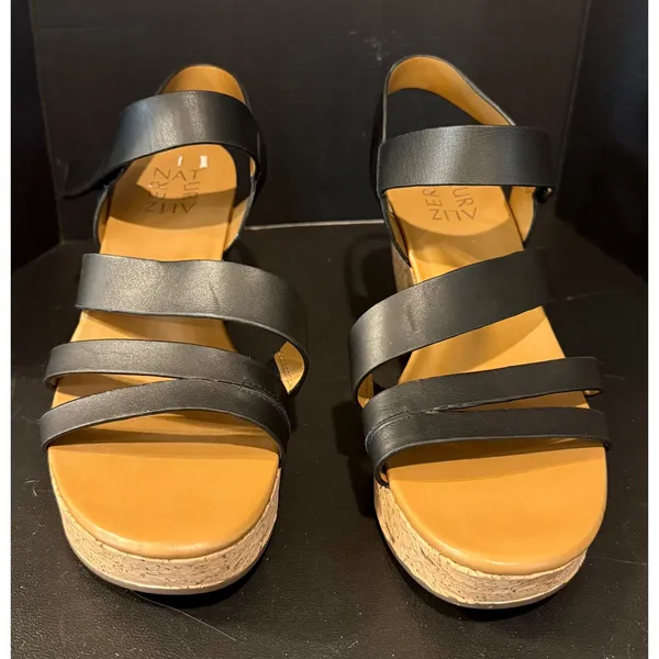 Naturalizer 6.5 M Cynthia Wedge Sandals Black Leather Cork Platform Straps NEW - Image 7