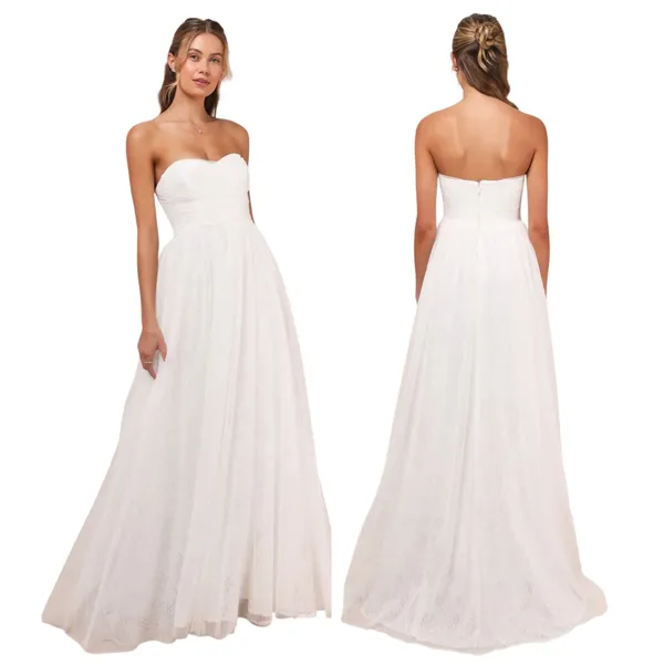 Lulus Blissful Forever White Tulle Lace Strapless Pleated Maxi Dress size S NWT - Image 2