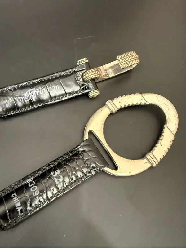 Vintage BRIGHTON B3094 Black Croc Leather Silver-plated Oval Links Belt Size 32 - Image 5