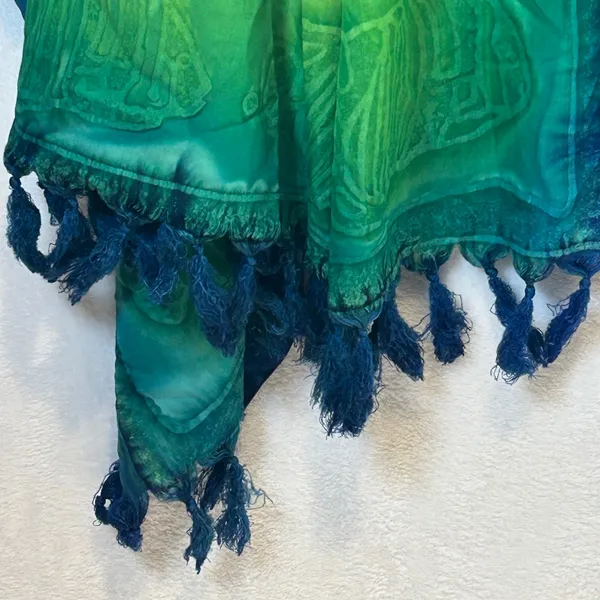 Rima Tropical Fish Batik Sarong Wrap Green Blue Tassel Fringe Beach‎ Cover Up - Image 3