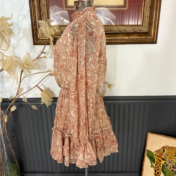 FATE Paisley Smocked Ruffle Neck Balloon Sleeve Flounce Mini Dress Sz S🧡🍄 - Image 5
