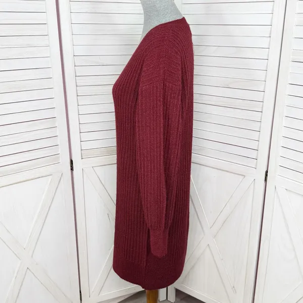 Nine West Metallic‎ Shimmer Knit Balloon Sleeve Sweater Dress Burgundy Red Small - Image 2