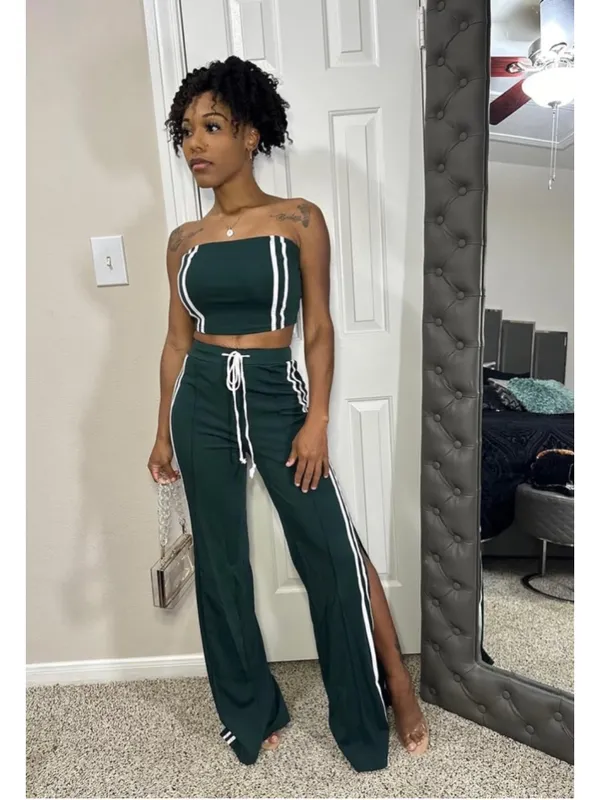 NEW 2 Pc Outfit Strapless Striped Crop Top & High Waist Wide Leg Pant S - Image 6
