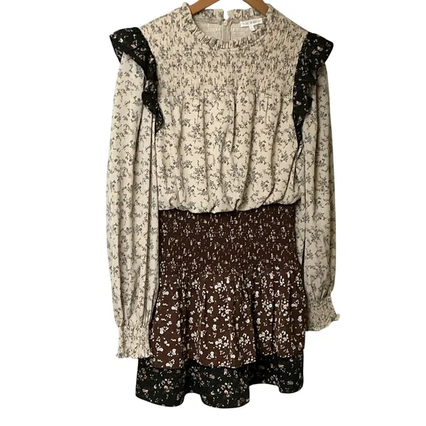 Free The Roses Floral Ruffle Mini Dress Smocked High Neck Tiered Brown Cream S‎ - Image 3