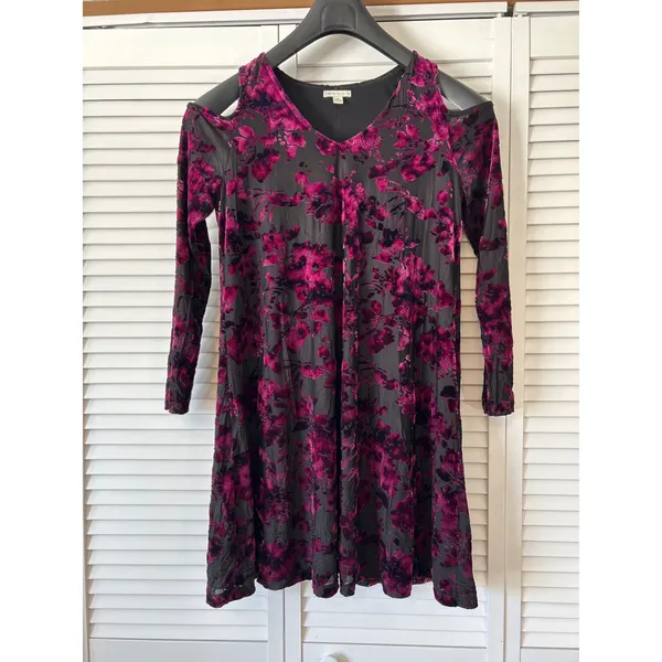 Cato Velvet Burnout Floral Cold Shoulder‎ Long Sleeve Dress Medium Purple Whimsigoth - Image 2