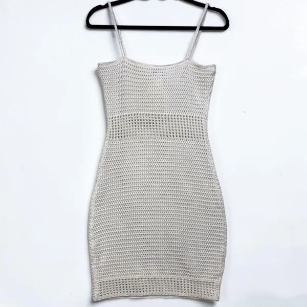 Miou Muse L Crochet Bodycon Dress‎ Tassel Cream Boho Festival Beach Swim Coverup - Image 6