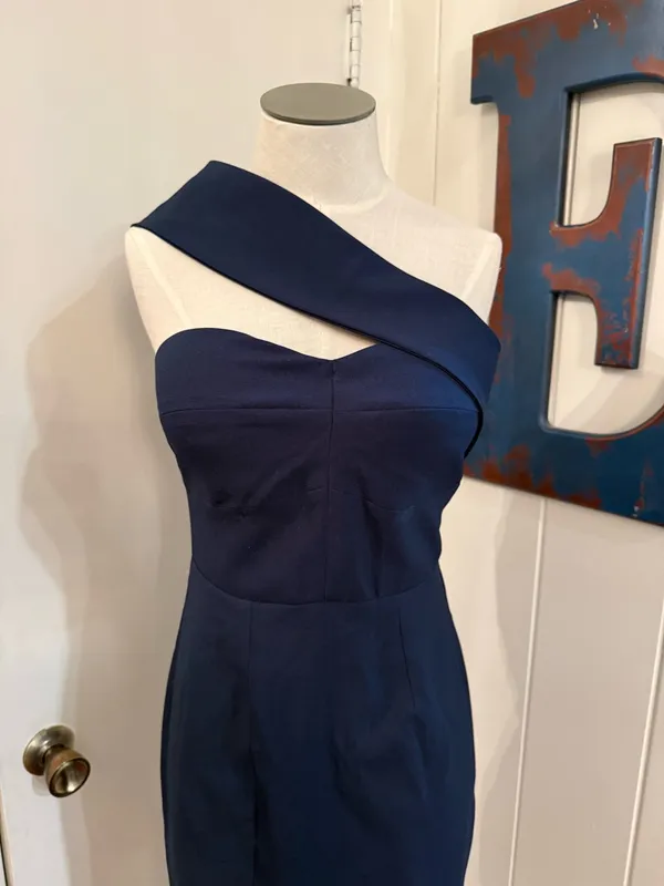 Showpo Navy One-Shoulder Sheath Dress with side Slit Built in Cups Sz 10 M - Image 2