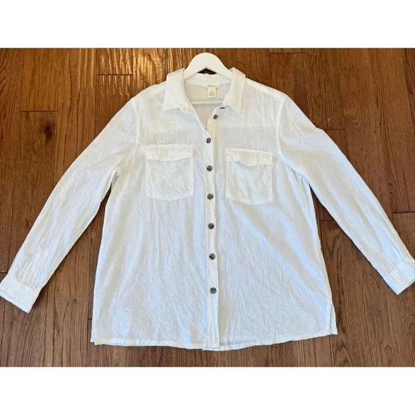 H&M white linen pocket front button down size medium - Image 6