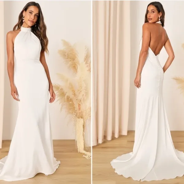 LULU's Bridal White Satin Backless High Neck Mermaid Trumpet Maxi Gown NWOT - Image 2