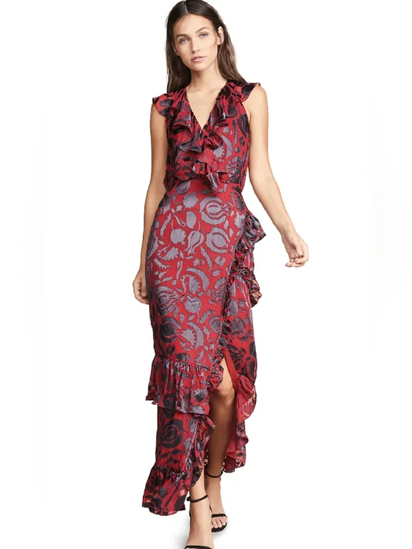 SALONI Anita Silk Burnout Velvet Dress Slit Ruffle Midi Vampire Goth Witchy Red - Image 8