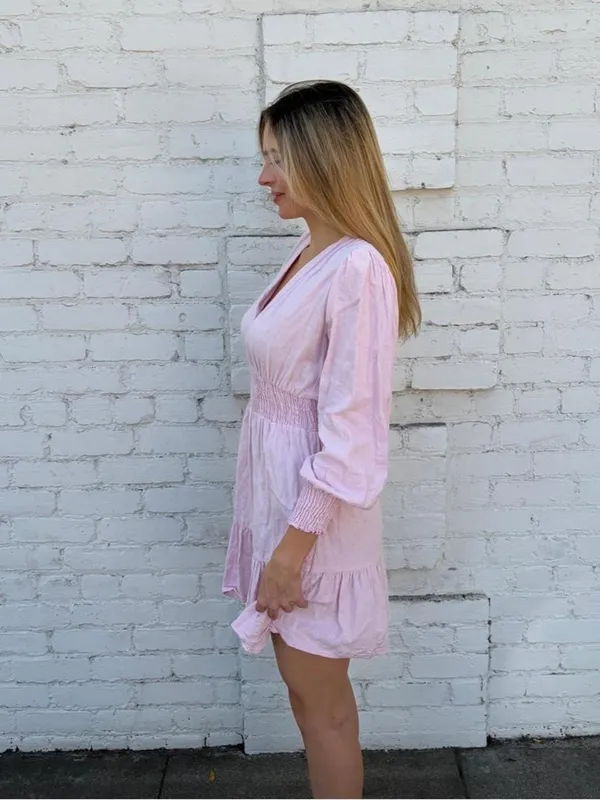 Zara Pink linen mini long sleeve ruffled dress sz XS #boho #girly #babydoll #cottagecore - Image 3