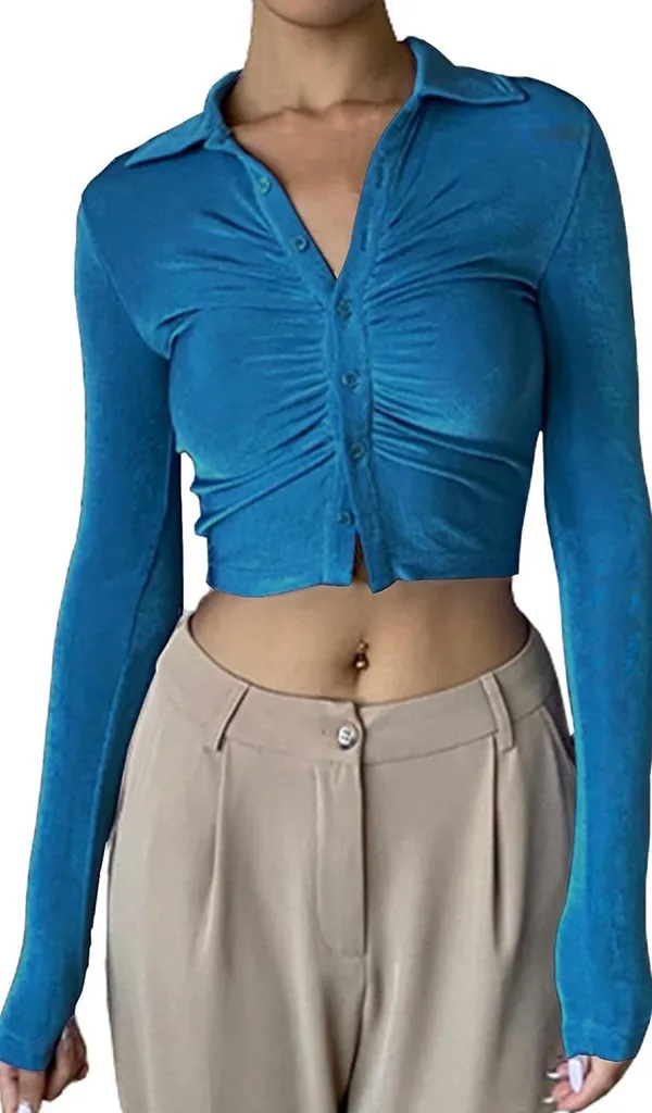 Women Button Down Ruched Long Sleeve Top Blue Size M - Image 2