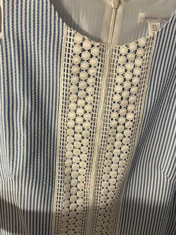 London Times Blue & White Striped Seersucker Dress with Crochet Panel - Image 3