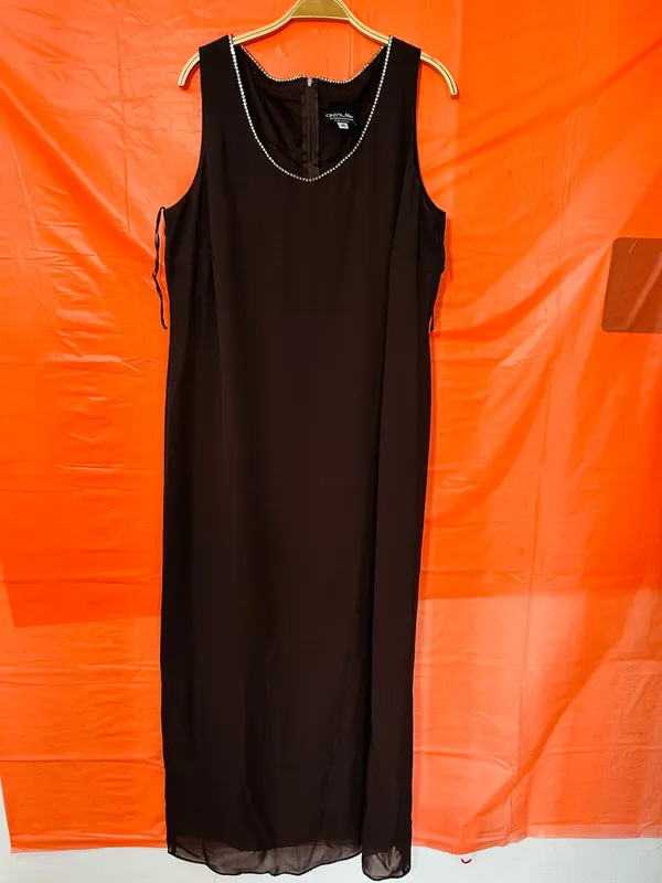 Onyx Nite Brown V-Neck Maxi Dress with Rhinestone Trim - Image 3