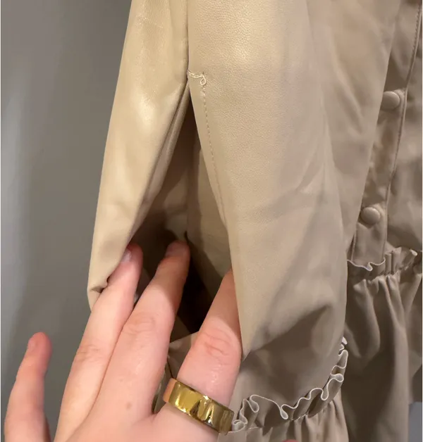 Karlie Puff Sleeve Button Front Collared Faux Leather Dress Beige - Image 3