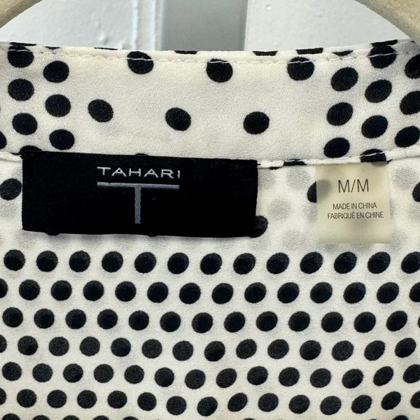 Tahari Womens Polka Dot Striped Blouse Black White Ruched Puff Sleeve Medium - Image 7