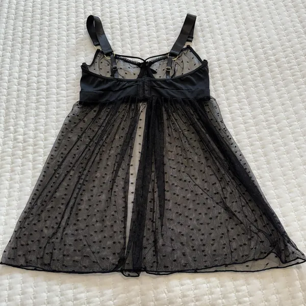 Venus Black Polka Dot Mesh Lace Lingerie Babydoll Slip Sheer Nightie Sz S Small - Image 7