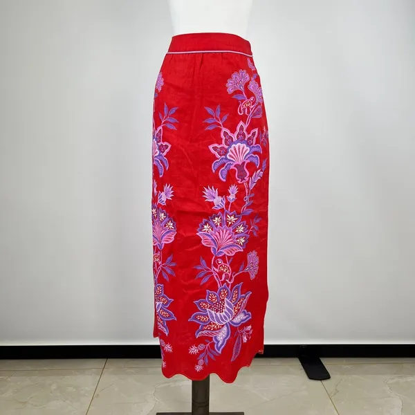 NWOT Farm Rio Red Porcelain Garden Scalloped Linen Midi Skirt Size S - Image 3