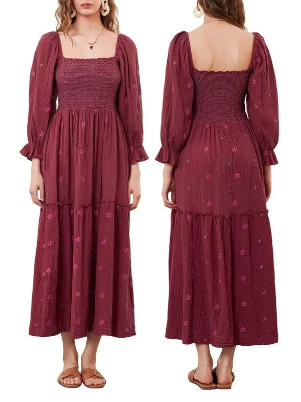 Amazon Dahlia maroon Smocked midi dress maxi square neck tiered daisy embroidered wine - Image 2
