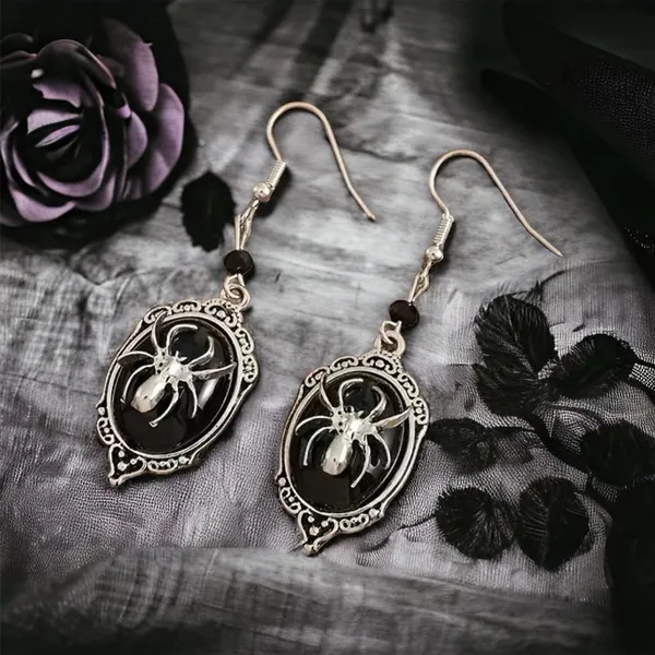 Gothic Retro Style Black Gemstone Spider Earrings Faux Fashion Jewelry‎ - Image 2