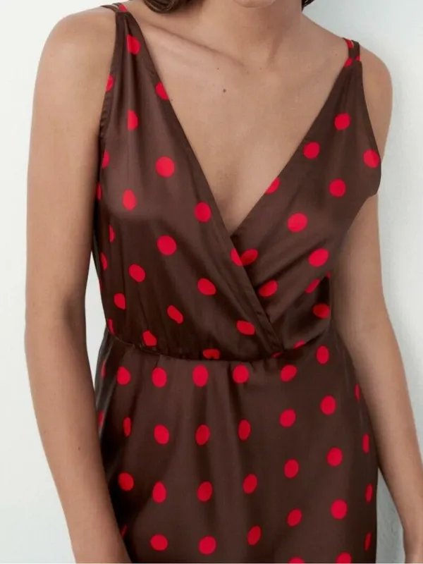 ZARA Brown & Red Polka Dot Sleeveless Midi Slinky Satin Slip Dress Size Small - Image 3