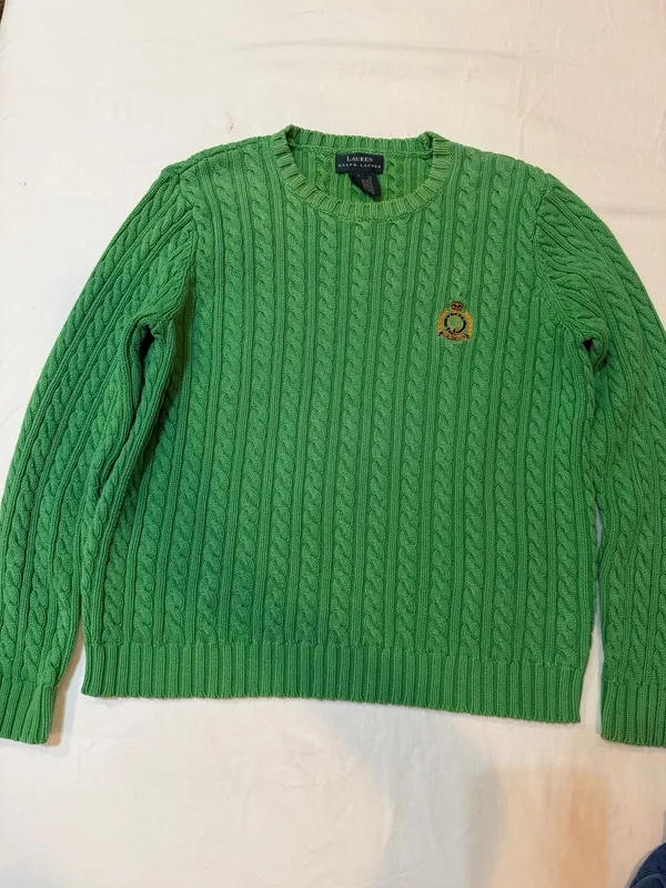 Lauren Ralph Lauren Green Cable Knit Crest Sweater 100% Cotton Size Small - Image 2