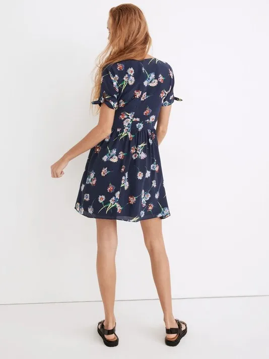 Madewell Blue 100% Silk Button-Front Short Tie-Sleeve Floral Mini Dress Size 14 - Image 11