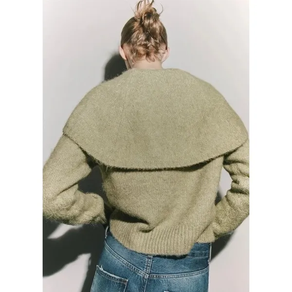 ZARA Wide Lapel Cape Collar Knit Sweater Sage Green Pullover Cottagecore Medium - Image 9