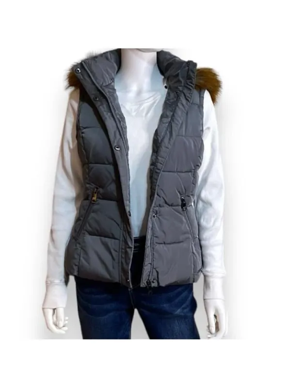 Gray Puffer Vest with Faux Fur Detachable Hood Women’s Size Small - Image 4