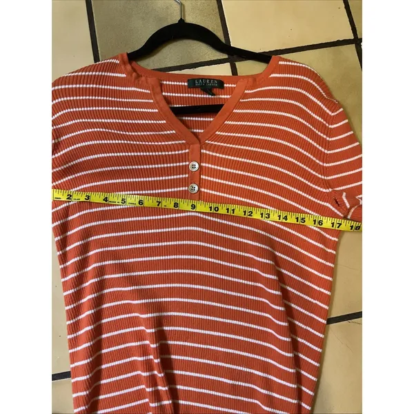 Ralph Lauren Striped Henley Sz M Orange Preppy Retro Cotton Summer 3/4 Sleeve - Image 7