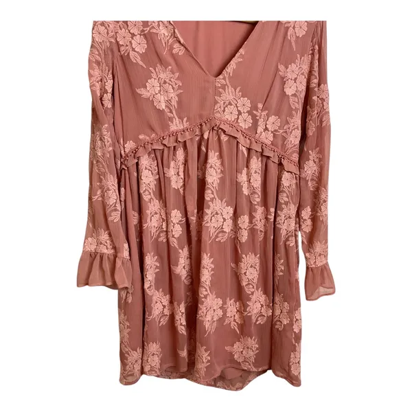 Altard State Dusty Rose Floral Embroidered Ruffle V Neck Mini Dress Long Sleeve - Image 4