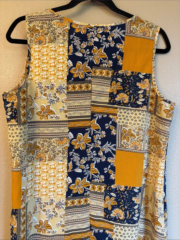 NEW! EMERY ROSE Boho Patchwork Swing Dress Mini Yellow Navy Blue Floral LARGE - Image 7