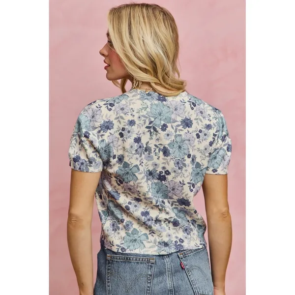 SO ME Floral Print Short Sleeves Sweater Knit Top - Blue - XL - Image 3
