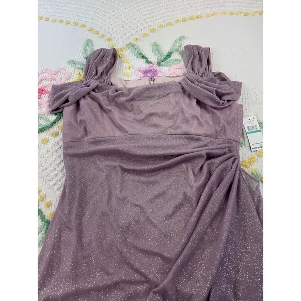 Alex Evenings Mauve Sparkle Ruched Off Shoulder‎ Gown Formal Evening Dress 16 - Image 4