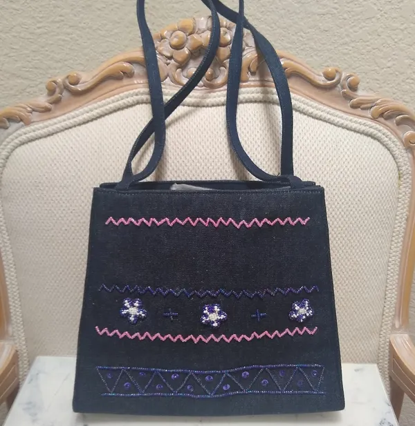 Vintage 90s Beaded Denim Shoulder Bag Blue - Image 2