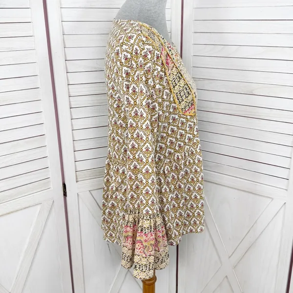 Style & Co‎ Printed Flared Hem Bell Sleeve V Neck Top Yellow Multi Small - Image 3