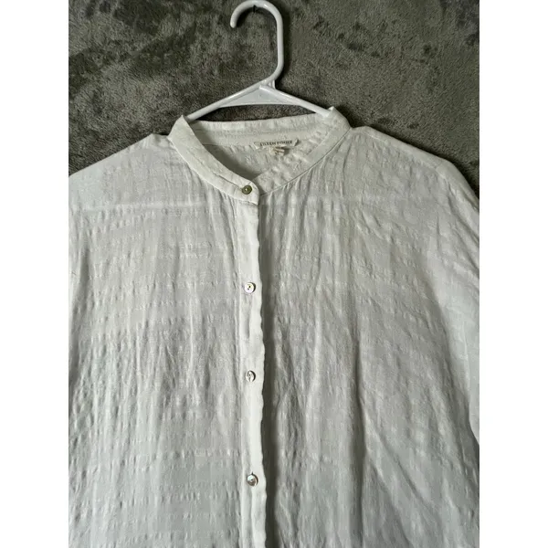 Eileen Fisher Linen Organic Cotton Sheer Check Mandarin Collar Shirt Medium - Image 2