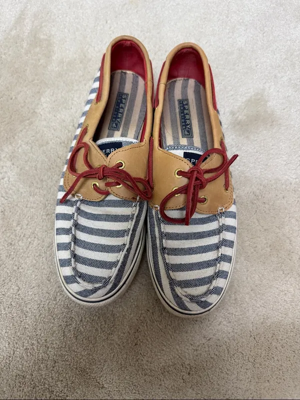 Sperry Navy & White Striped Canvas Boat Shoes with Tan Trim and Red Laces - Image 2