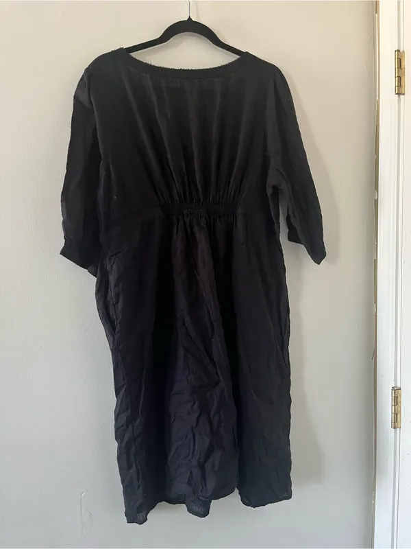Vintage Old Navy Black 100% Cotton Peasant Mini Dress XL Empire Waist Cottage - Image 5