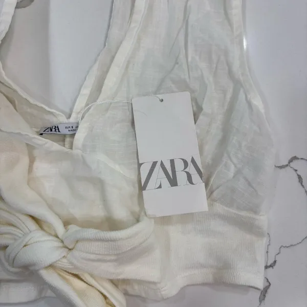 Zara Tank Top Womens Size Small Sleeveless Tie Front Crop Top White Beachy NWT - Image 3
