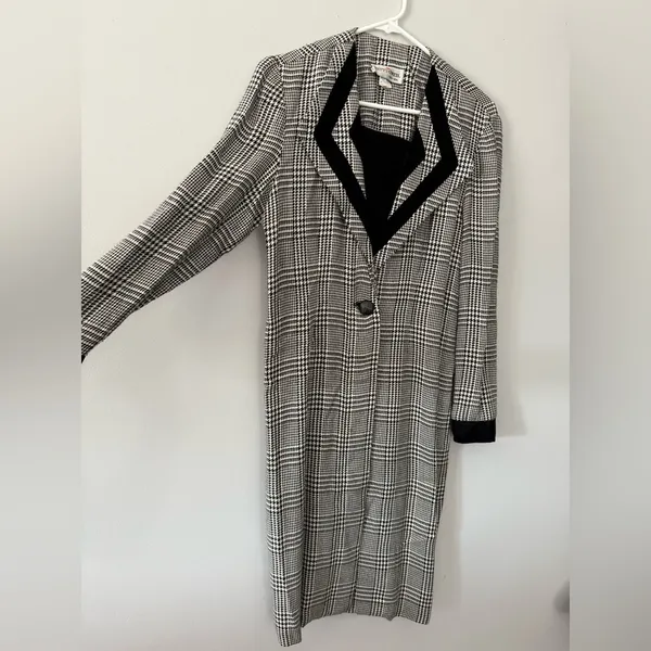 VTG Patty O’Neil Plaid Houndstooth Longline Coat Black White Pattern Size M 6 - Image 3