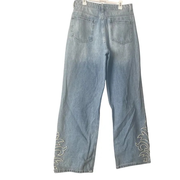 Forever 21 Light Blue Flare Jeans with White Embroidery - Image 2