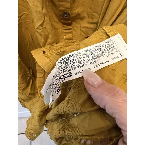 Zara Midi Dress Women’s Size Small Mustard Yellow‎ Smocked Embroidered tie front - Image 9
